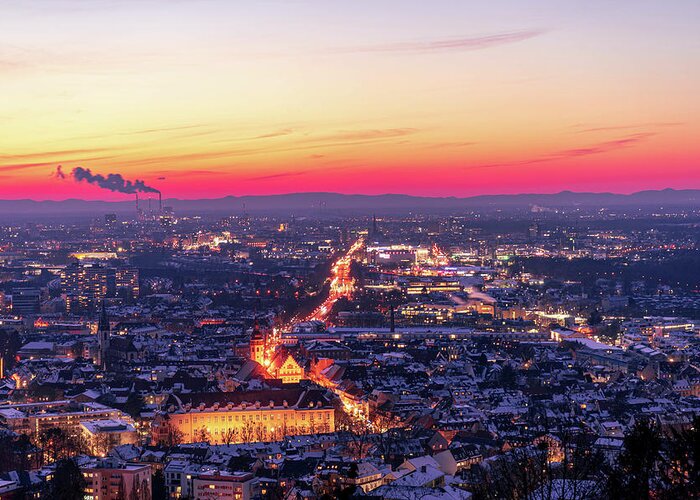 Karlsruhe Greeting Card featuring the photograph Karlsruhe in winter at sunset by Hannes Roeckel