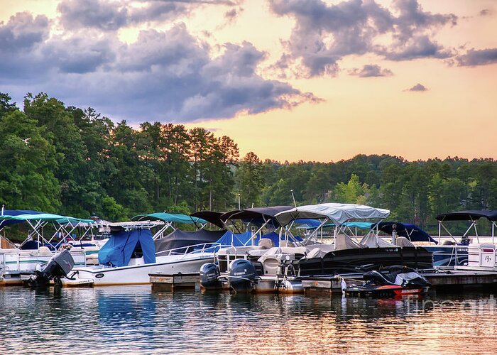 Sunset Greeting Card featuring the photograph Keowee Key Sunset Marina by Amy Dundon