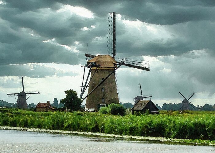 Kinderdijk Greeting Card featuring the digital art Kinderdijk Windmills, Watercolor on Sandstone by Ron Long Ltd Photography