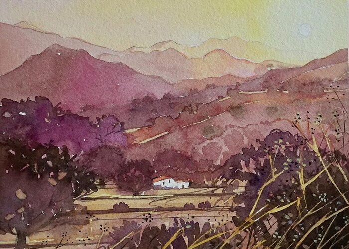 King Gillettem Ranch Malibu Mountains Greeting Card featuring the painting King Gillette Ranch to Malibu Creek - Golden Hour by Luisa Millicent