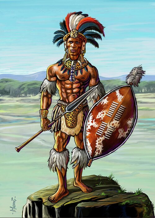 Shaka Greeting Card featuring the painting Warrior King Shaka Zulu by Anthony Mwangi
