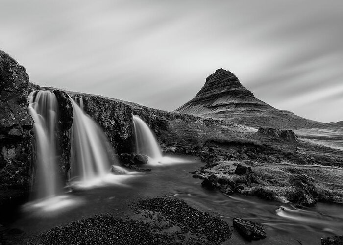 Kirkjufell Greeting Card featuring the photograph Kirkjufell Mountain and Kirkjufellsfoss Waterfall in Iceland in Black and White by Alexios Ntounas