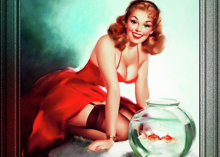 Kissing Fish Greeting Card featuring the painting Kissing Fish by Edward Runci Vintage Pin-Up Girl Art by Rolando Burbon
