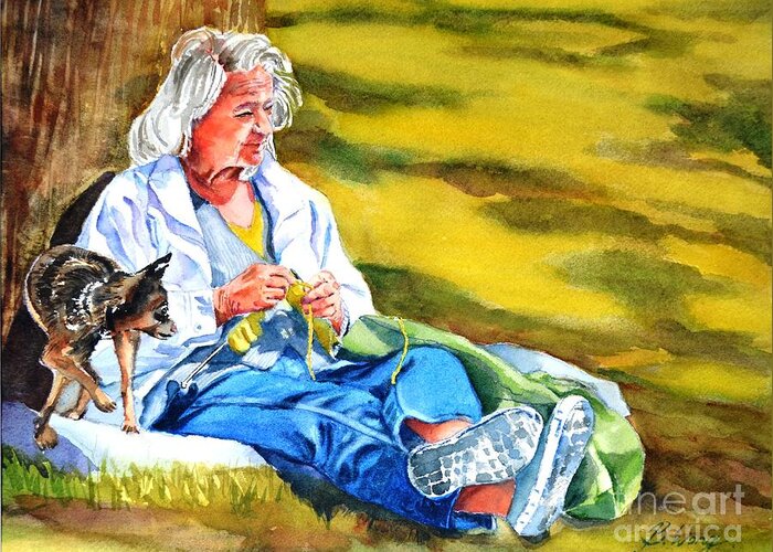 Woman Greeting Card featuring the painting Knitting in the sun by Betty M M Wong