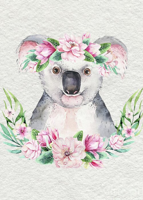 Koala Greeting Card featuring the painting Koala With Flowers by Nursery Art
