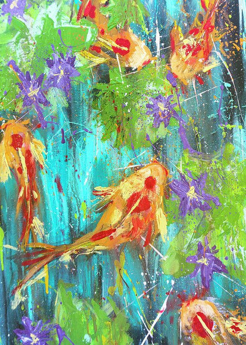 Koi Greeting Card featuring the painting Koi Fish with Lily pad and purple Lotus Flowers by Joanne Herrmann