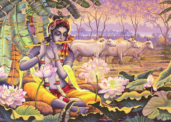 Krishna Greeting Card featuring the painting Krishna. Evening flute by Vrindavan Das