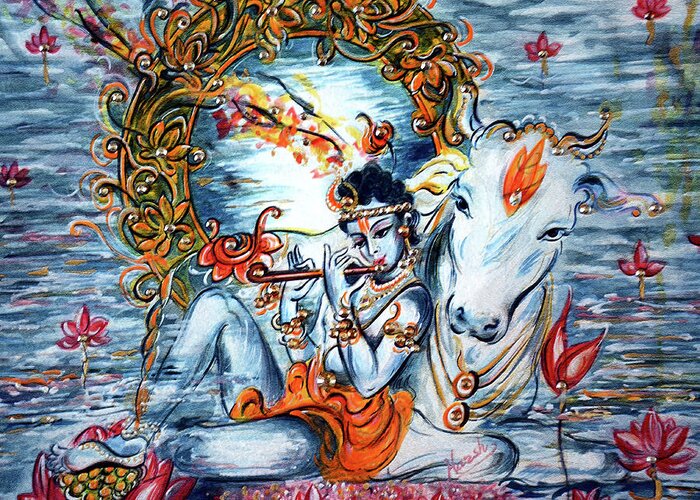 Krishna Greeting Card featuring the painting Krishna - Govinda by Harsh Malik