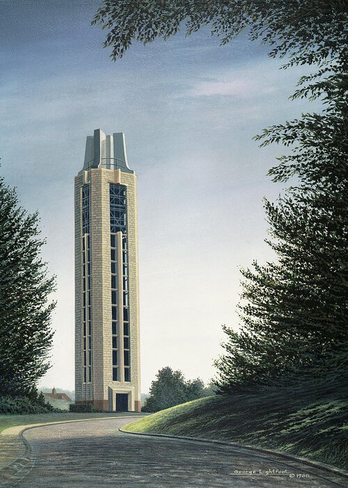 Architectural Landscape Greeting Card featuring the painting KU Campanile, Lawrence Campus by George Lightfoot