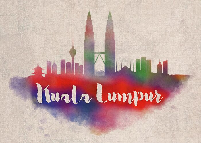 Kuala Lumpur Greeting Card featuring the mixed media Kuala Lumpur Watercolor City Skyline by Design Turnpike