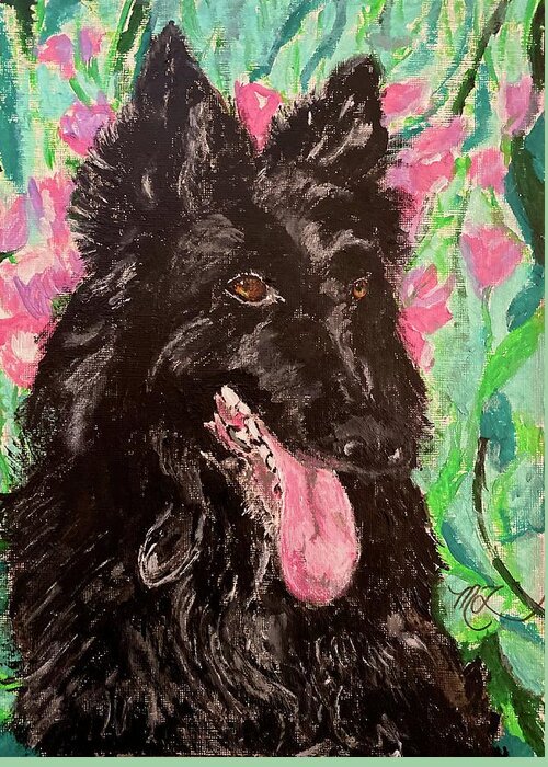 Black Dog Greeting Card featuring the painting Black Dog Pink Tulips by Melody Fowler