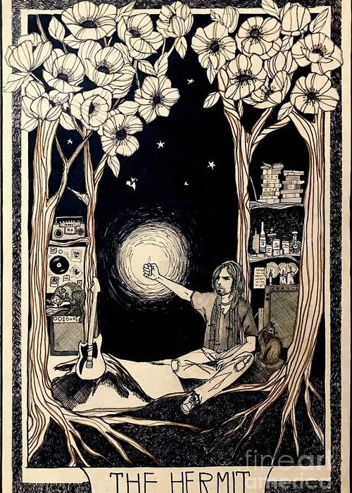 Tarot Greeting Card featuring the drawing Kurt Cobain the Hermit card by Kathy Zyduck