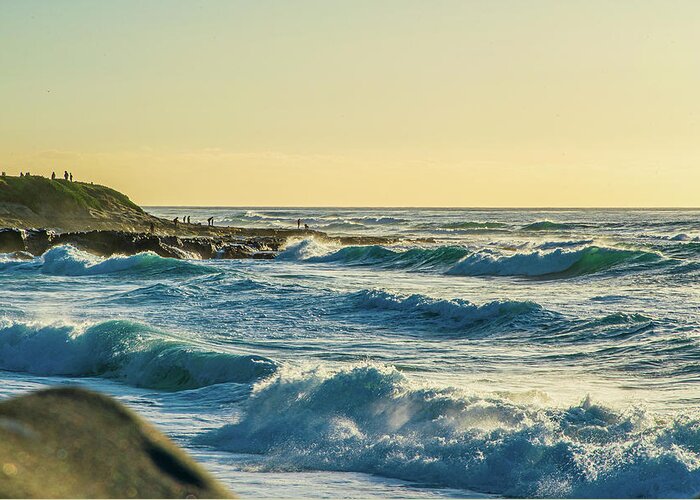 Golden Greeting Card featuring the photograph La Jolla Cove Rolling Waves by Local Snaps Photography