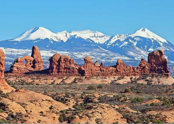 La Sal Mountains Greeting Card featuring the photograph La Sal Mountains from Arches National Park by Loren Gilbert