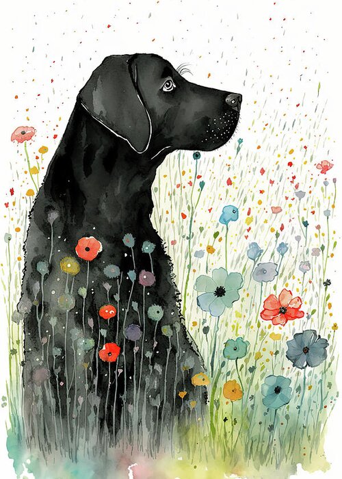Labrador Retriever Greeting Card featuring the digital art Labrador retriever in flower field by Debbie Brown