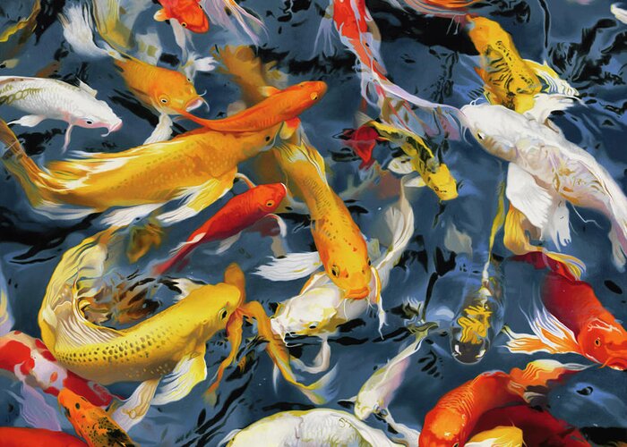 Koi Fish Greeting Card featuring the painting Ladies Who Lunch - Koi Fish Pond Painting by Nikita Coulombe