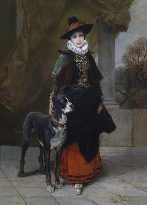 Woman Greeting Card featuring the painting Lady in Historical Costume with a Mastiff by Friedrich August von Kaulbach