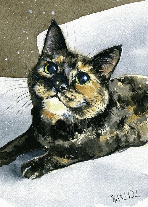 Cat Greeting Card featuring the painting Lady Moss Tortoiseshell Cat Painting by Dora Hathazi Mendes