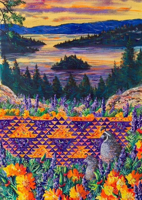 Lady Of The Lake Quilt Pattern Featuring Emerald Bay Greeting Card featuring the painting Lady of the Lake by Diane Phalen