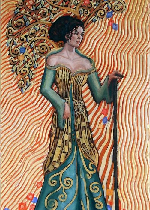 Klimt Inspired; Gold Greeting Card featuring the painting Lady of the Woods by Janet McDonald