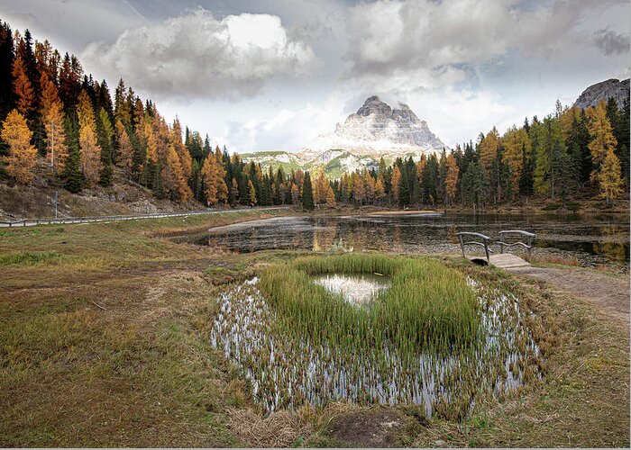 Lago Di Antorno Greeting Card featuring the photograph Lago di antorno lake and Tre cime di lavadero mountain reflection in autumn. Forest landscape South tyrol Italy by Michalakis Ppalis