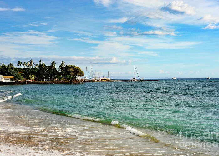 Maui Greeting Card featuring the photograph Lahaina Yacht Harbor in the distance on the beach in front of the town of Lahaina, Maui, Hawaii. by Gunther Allen