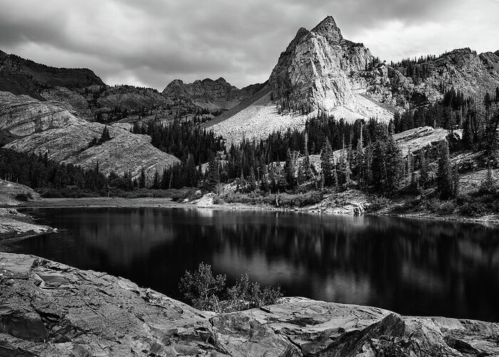 Utah Greeting Card featuring the photograph Lake Blanche and the Sundial Black and White - Big Cottonwood Canyon, Utah by Brett Pelletier