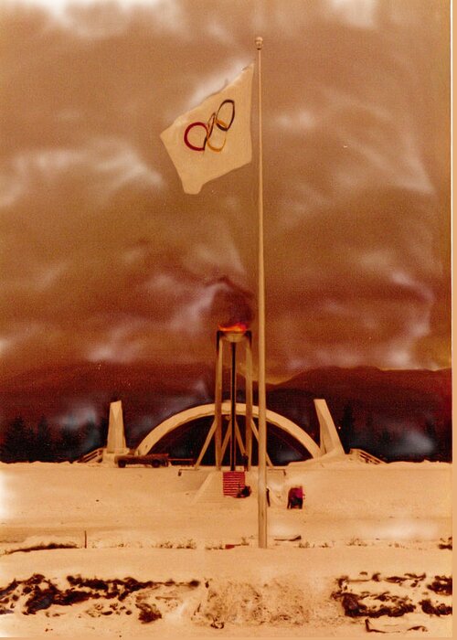 Landscape Greeting Card featuring the digital art Lake Placid Olympic Flag and Flame by Russel Considine