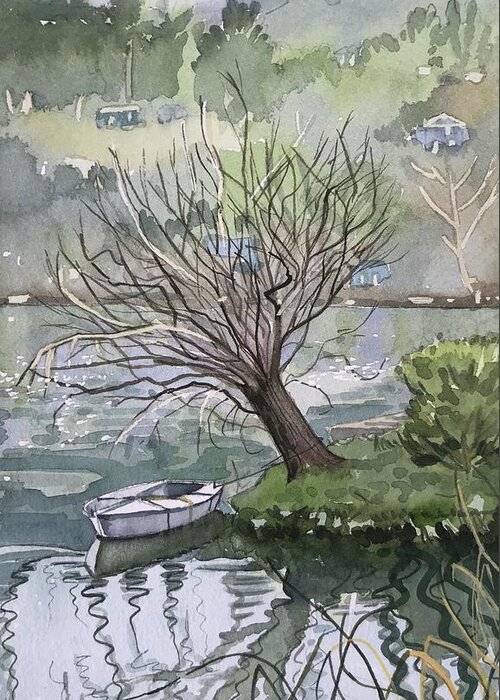 Mailbou Lake. Malibu Greeting Card featuring the painting The Lonely Tree - Malibou Lake by Luisa Millicent