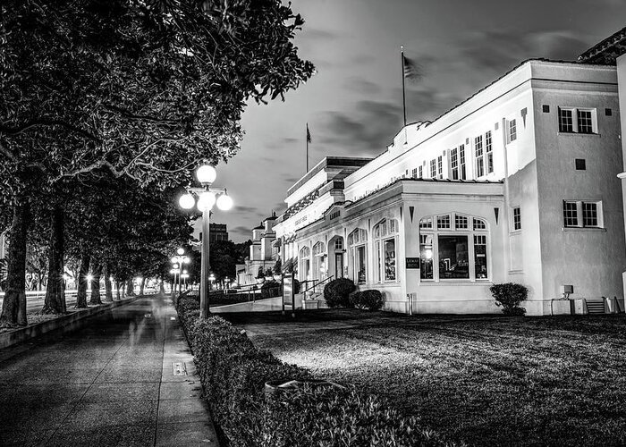 Hot Springs Greeting Card featuring the photograph Lamar Bathhouse and Hot Springs Bathhouse Row at Dusk - Black and White by Gregory Ballos