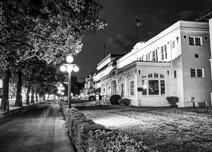 Hot Springs Greeting Card featuring the photograph Lamar Bathhouse and Hot Springs Bathhouse Row at Dusk in Monochrome by Gregory Ballos