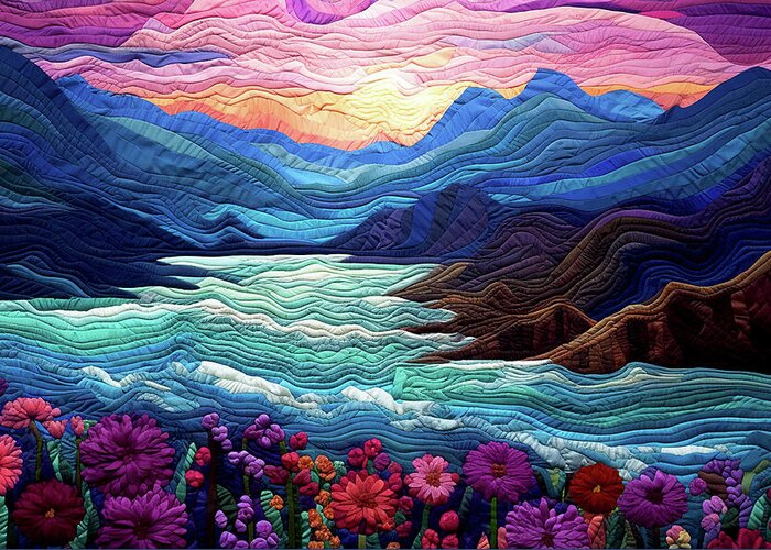 Landscapes Greeting Card featuring the digital art Landscape at Sunset - Quilted Effect by Peggy Collins