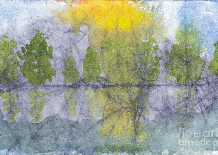 Landscape Greeting Card featuring the painting Landscape Reflection Abstraction on Masa Paper by Conni Schaftenaar