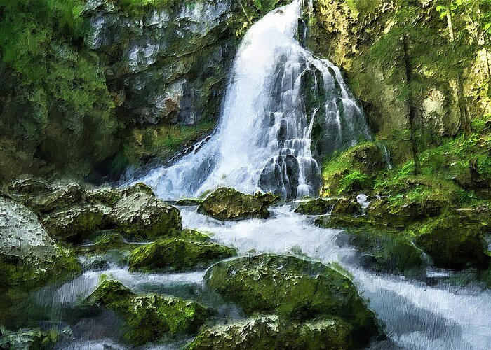 River Greeting Card featuring the painting Landscape - Waterfall, forest, river, mountain, rocks, moss by Art Market America