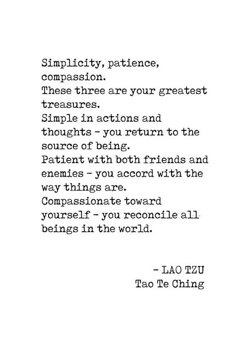 Lao Tzu Greeting Card featuring the digital art Lao Tzu Quote - Tao Te Ching - Simplicity, Patience, Compassion - Minimalist, Typewriter Print by Studio Grafiikka