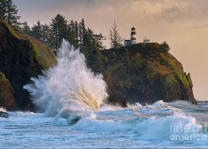 Cape Dangerous Greeting Card featuring the photograph Large Wave at Cape Disappointment Lighthouse in Washington by Tom Schwabel