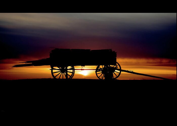 Wagon Greeting Card featuring the photograph Last Load - wagon with load of lumber in silhouette with sunset by Peter Herman