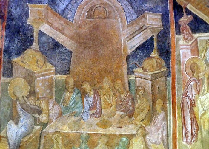 12th Century Greeting Card featuring the photograph Last Supper, Orthodox Christian frescoes,, Ivanovo, Bulgaria by Steve Estvanik