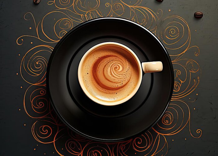 Modern Coffee Art Greeting Card featuring the painting Latte Impression - Black Kitchen Decor by Lourry Legarde