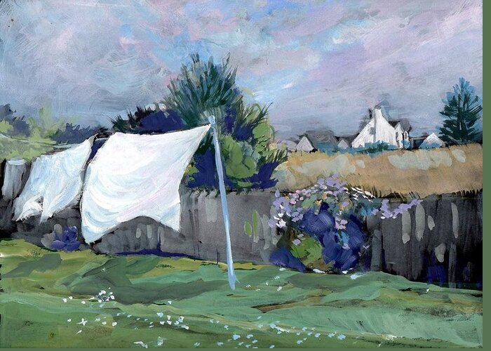 Landscape Greeting Card featuring the painting Laundry Day by Sheila Wedegis