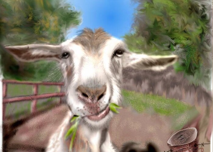 Goat Chewing Country Funny Goat Pencil Sketched Digitally Colored Greeting Card featuring the mixed media Le Goat by Pamela Calhoun
