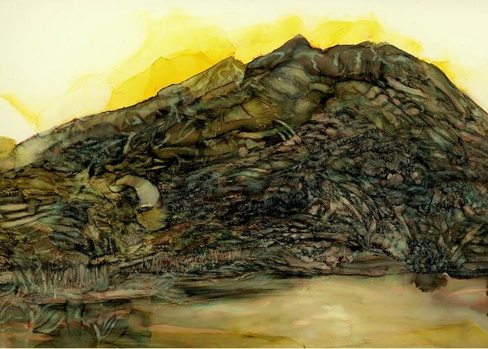Mountain Greeting Card featuring the painting Learning patience at the tarn by Angela Marinari