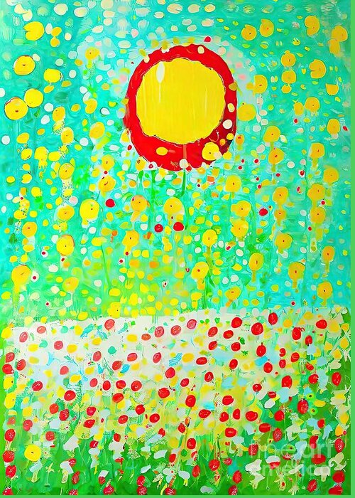 Yellow Greeting Card featuring the painting LEAVES OF GRASS Painting yellow whitman grass green leaves abstract acrylic art artist attraction backgrounds blue bright brush canvas circle close up colours contemporary creativity decorative deep by N Akkash