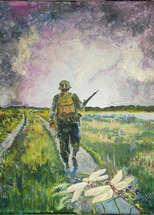 Soldier Greeting Card featuring the painting Legend of the Dragonfly by Barbara F Johnson