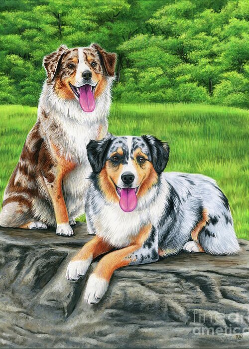 Australian Shepherd Greeting Card featuring the painting Lego and Drew by Rebecca Wang