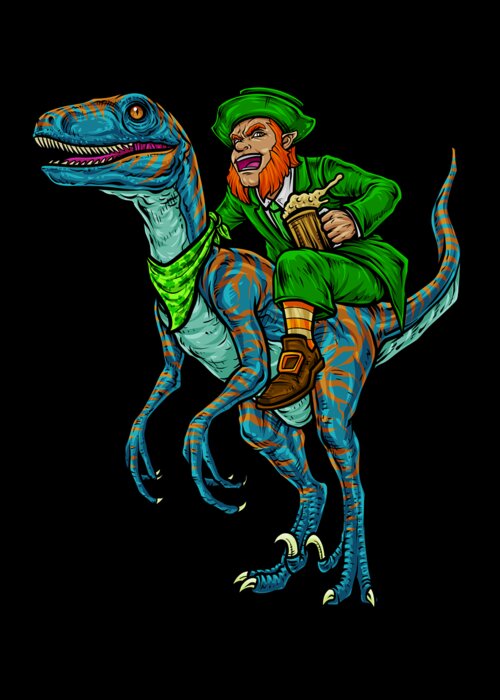 Beer Greeting Card featuring the digital art Leprechaun Rides Velociraptor St Patricks Day by Mister Tee