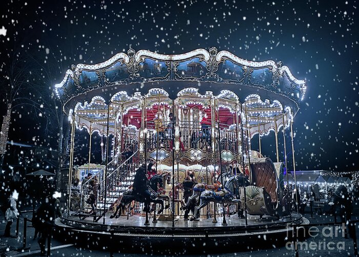 Carousel Greeting Card featuring the photograph Let it snow, carousel and Christmas lights by Delphimages Photo Creations