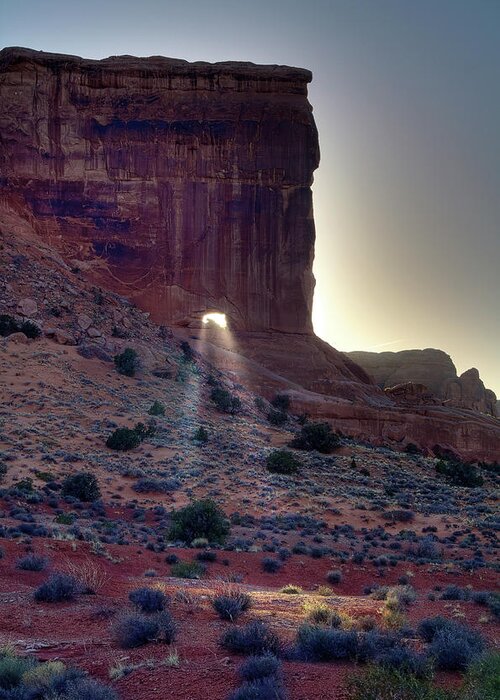  Park Avenue Greeting Card featuring the photograph Let your Light Shine Through - Sun beaming through portal in Sheep Rock at Arches National Park by Peter Herman
