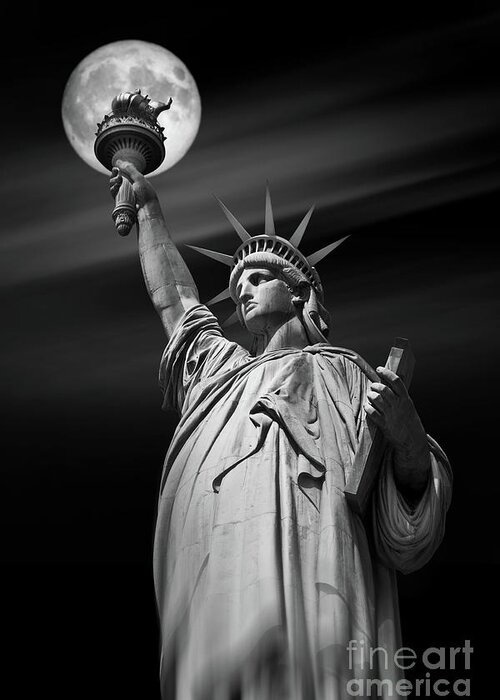 Statue Greeting Card featuring the photograph Liberty enlightening the night, Statue of Liberty at moonlight by Delphimages Photo Creations