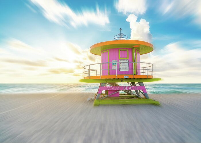 Beach Greeting Card featuring the photograph Lifeguard hut on the beach in Miami Florida with motion blur effect by Maria Kray